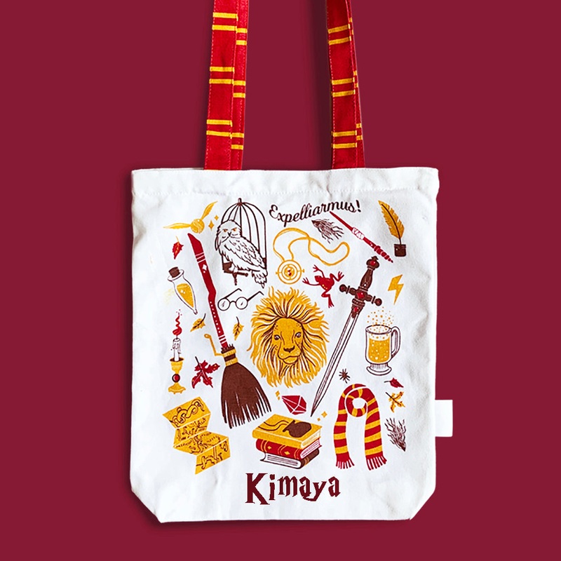 Reusable Eco Friendly Canvas Tote Bag with Zippered Closure Front Back Illustrations – Official Harry Potter – Gryffindor