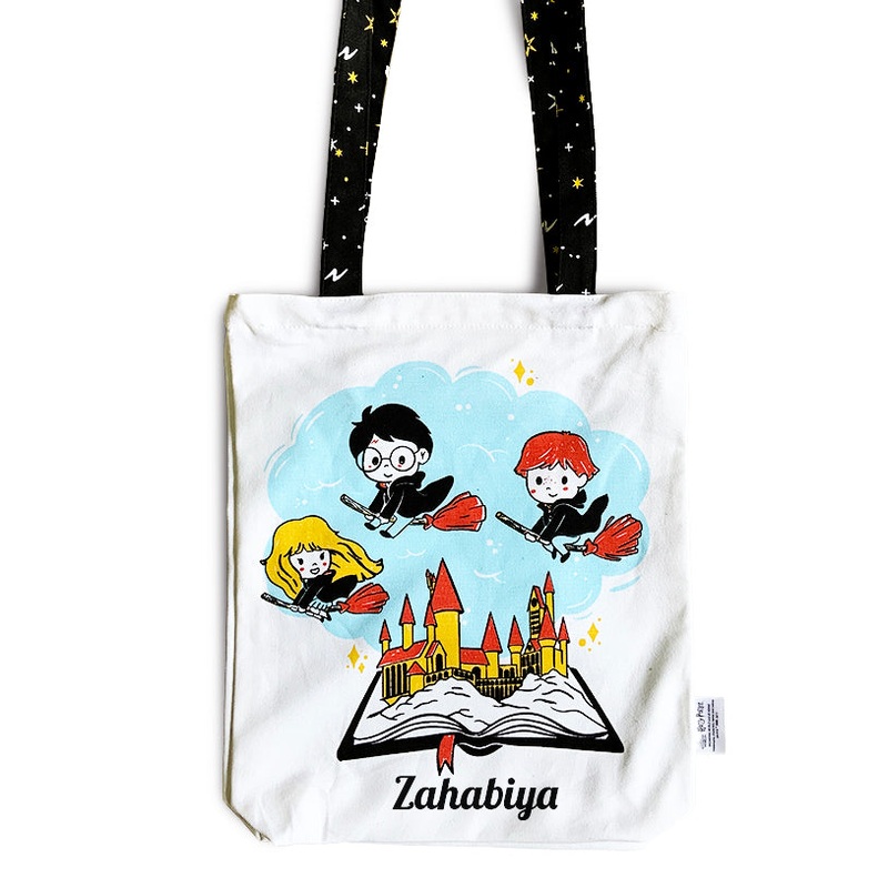 Reusable Eco Friendly Canvas Tote Bag with Zippered Closure Front Back Illustrations – Official Harry Potter – Hogwarts
