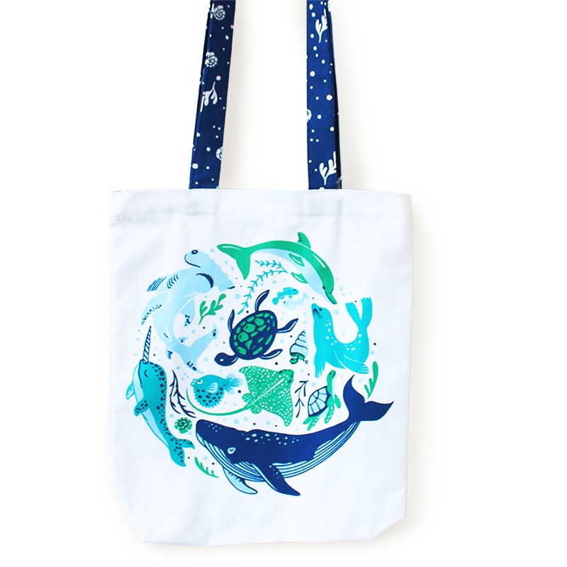 Reusable Eco Friendly Canvas Tote Bag with Zippered Closure Front Back Illustrations – Save The Seas