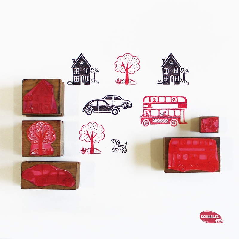 Wooden Stamp-A-Scene – On the Street (Red & Black Stamp Pad)