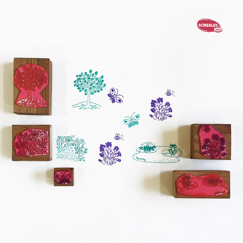 Wooden Stamp-A-Scene – Wildflower Garden (Green & Purple Stamp Pad)